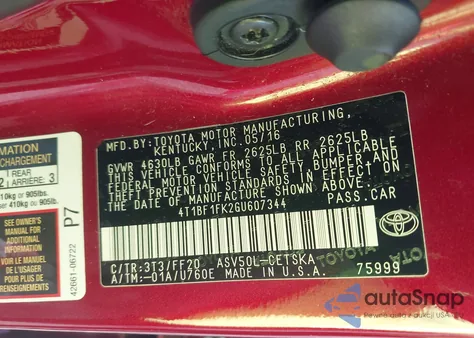 2016 Toyota Camry Se z USA, uszkodzony, nr VIN 4T1BF1FK2GU607344